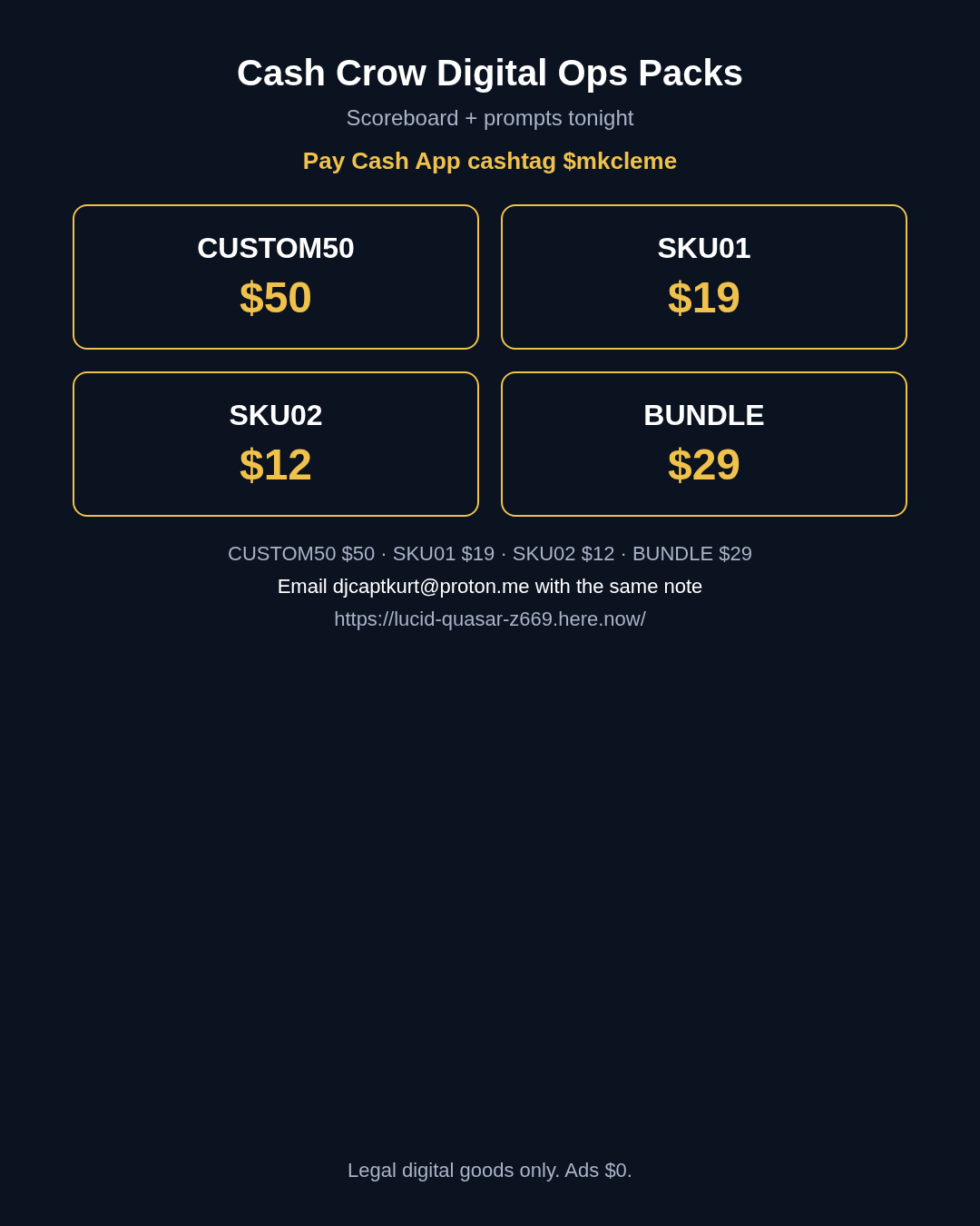Cash Crow Digital Ops Packs storefront. Pay $mkcleme CUSTOM50 $50, SKU01 $19, SKU02 $12, BUNDLE $29