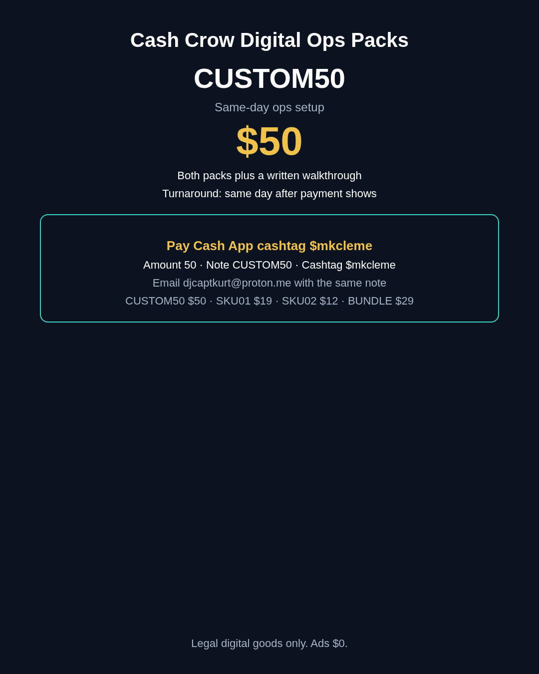 CUSTOM50 $50 same-day ops setup. Pay Cash App $mkcleme note CUSTOM50