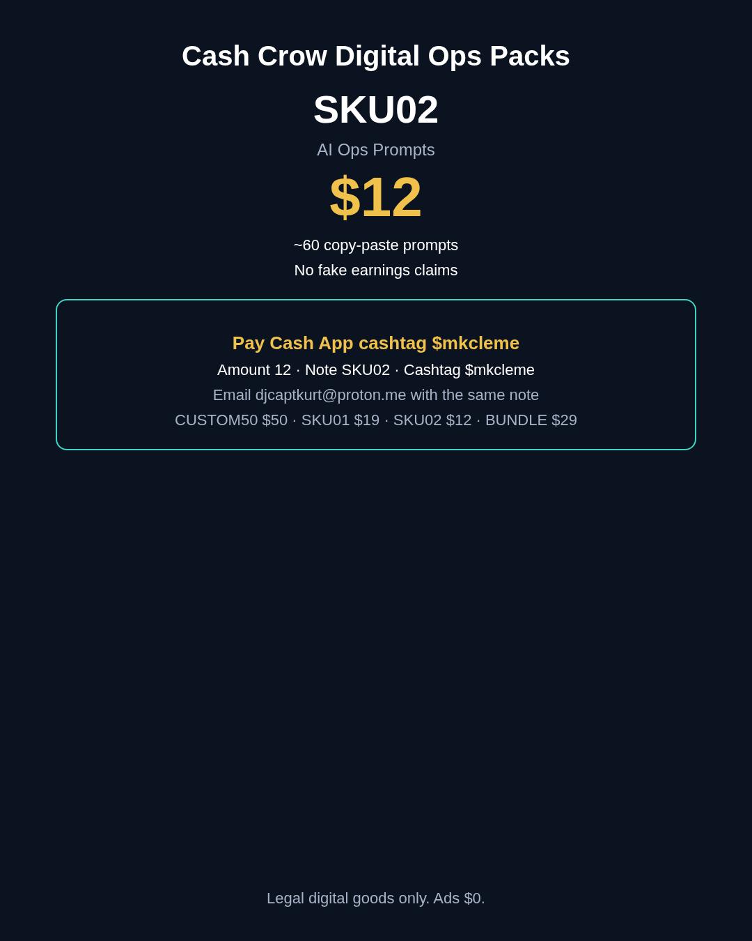 SKU02 $12 AI Ops Prompts. Pay Cash App $mkcleme note SKU02