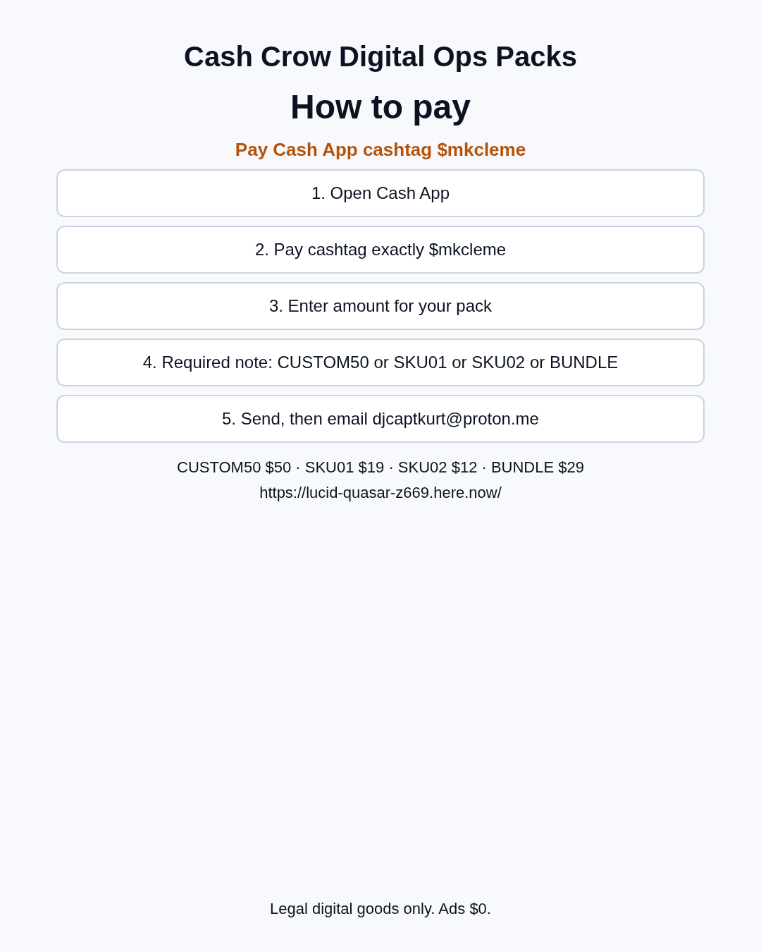 How to pay Cash App $mkcleme with required note CUSTOM50, SKU01, SKU02, or BUNDLE